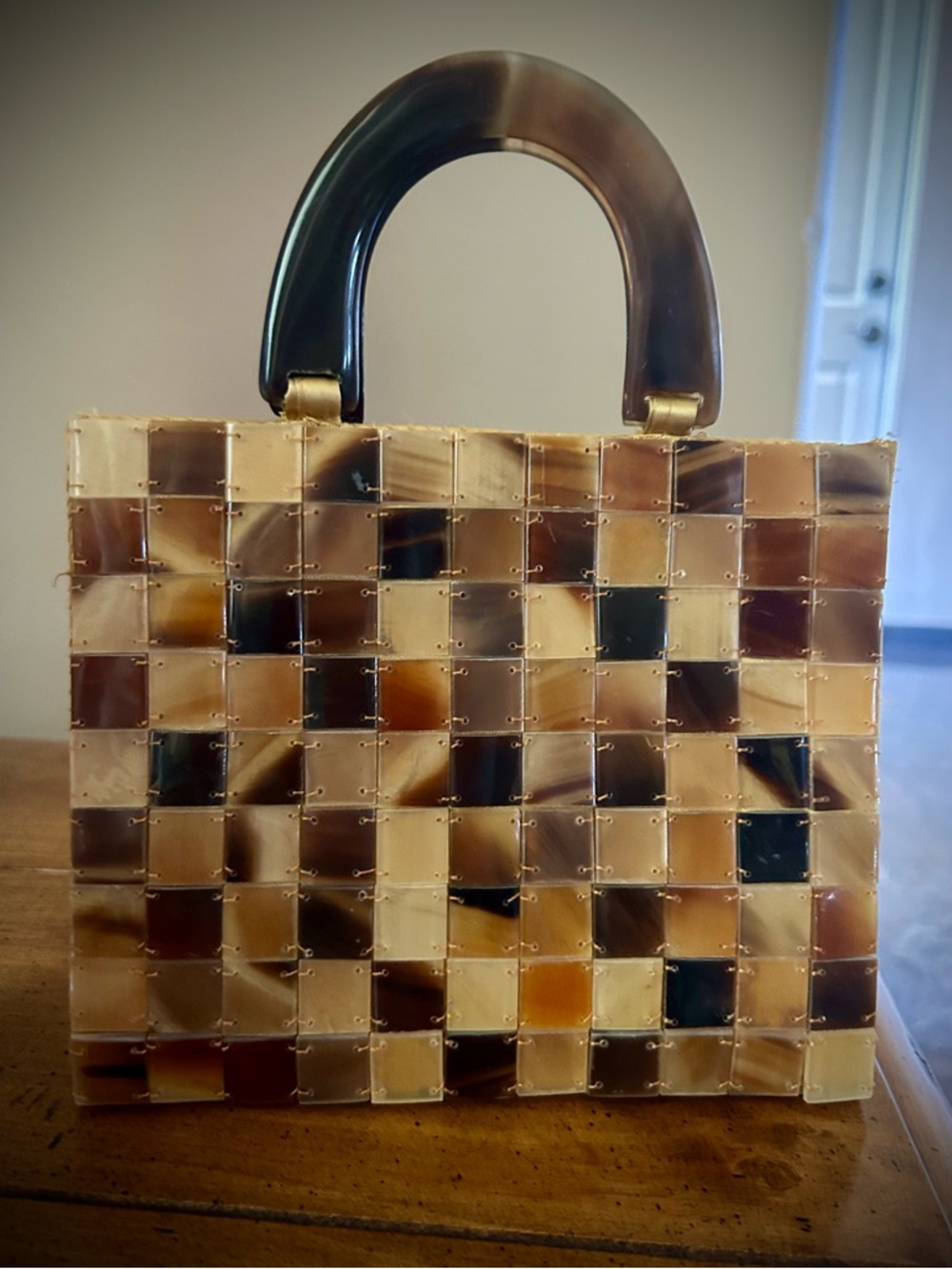 Tortoiseshell Mosaic Mini Top-Handle Bag - Brown & Cream